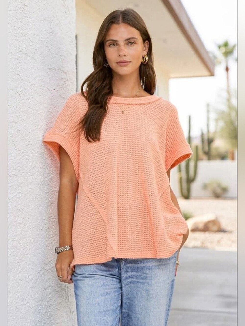 ANDREE BY UNIT Peach Textured Short Sleeve Knit Top